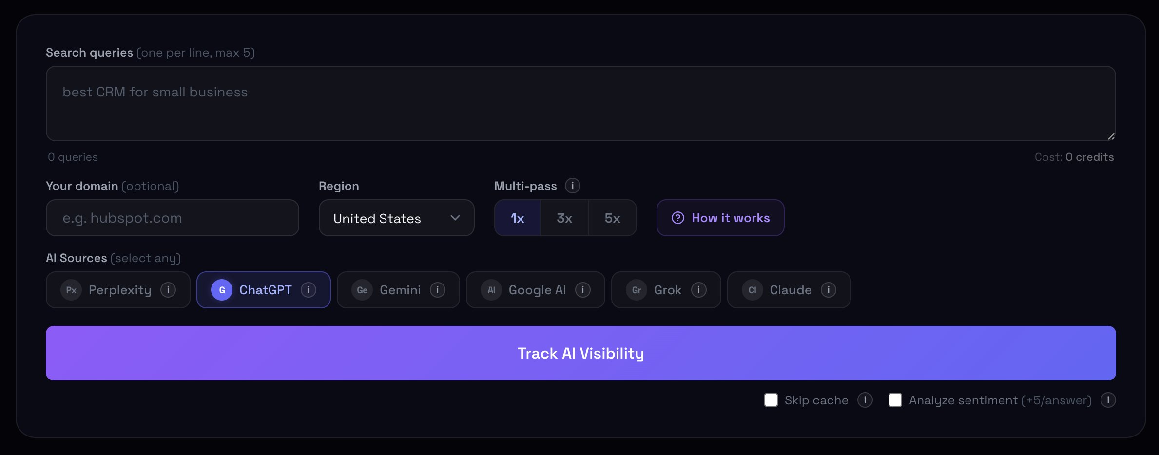 The AI Tracker setup form, showing the multi-pass 1x / 3x / 5x selector and the six selectable AI engines. The 1x / 3x / 5x choice is the one this whole article is about.