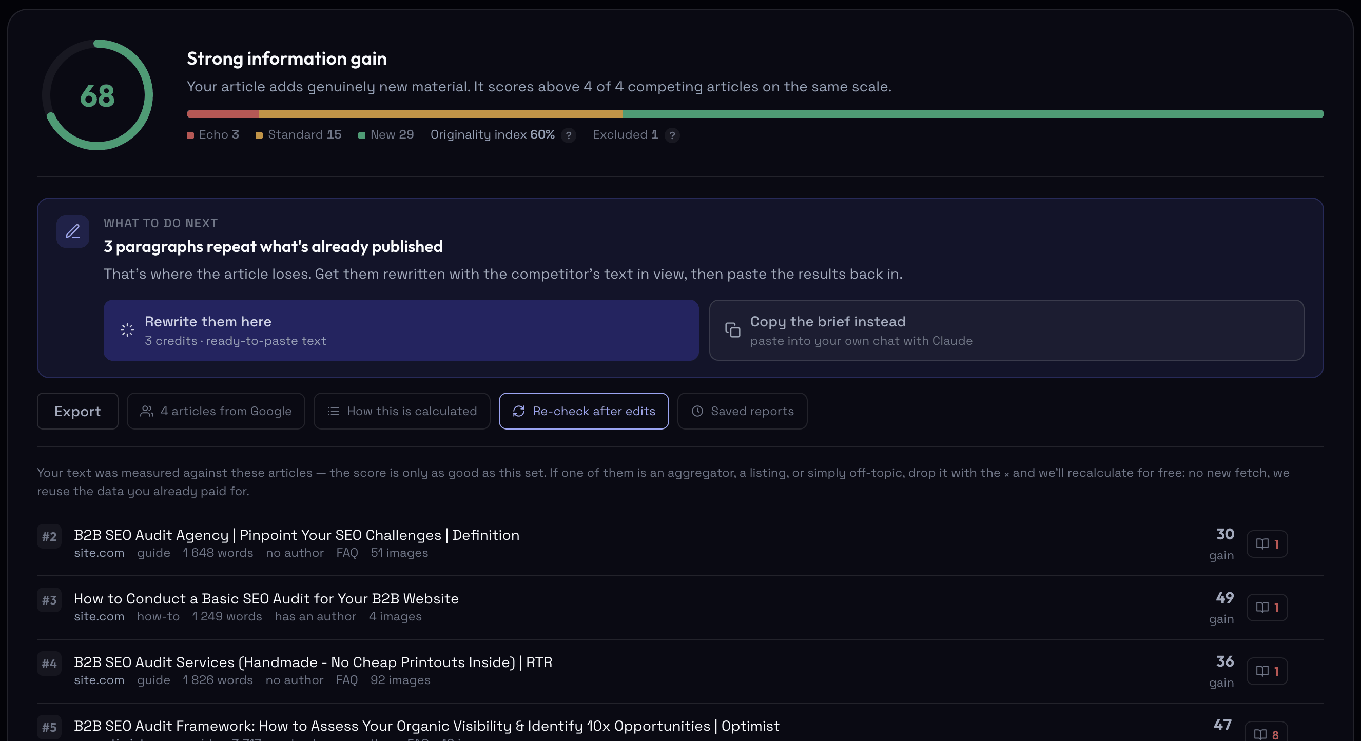 Information Gain Auditor — originality score, per-paragraph verdicts, ready-to-paste rewrites and the competing articles you were measured against