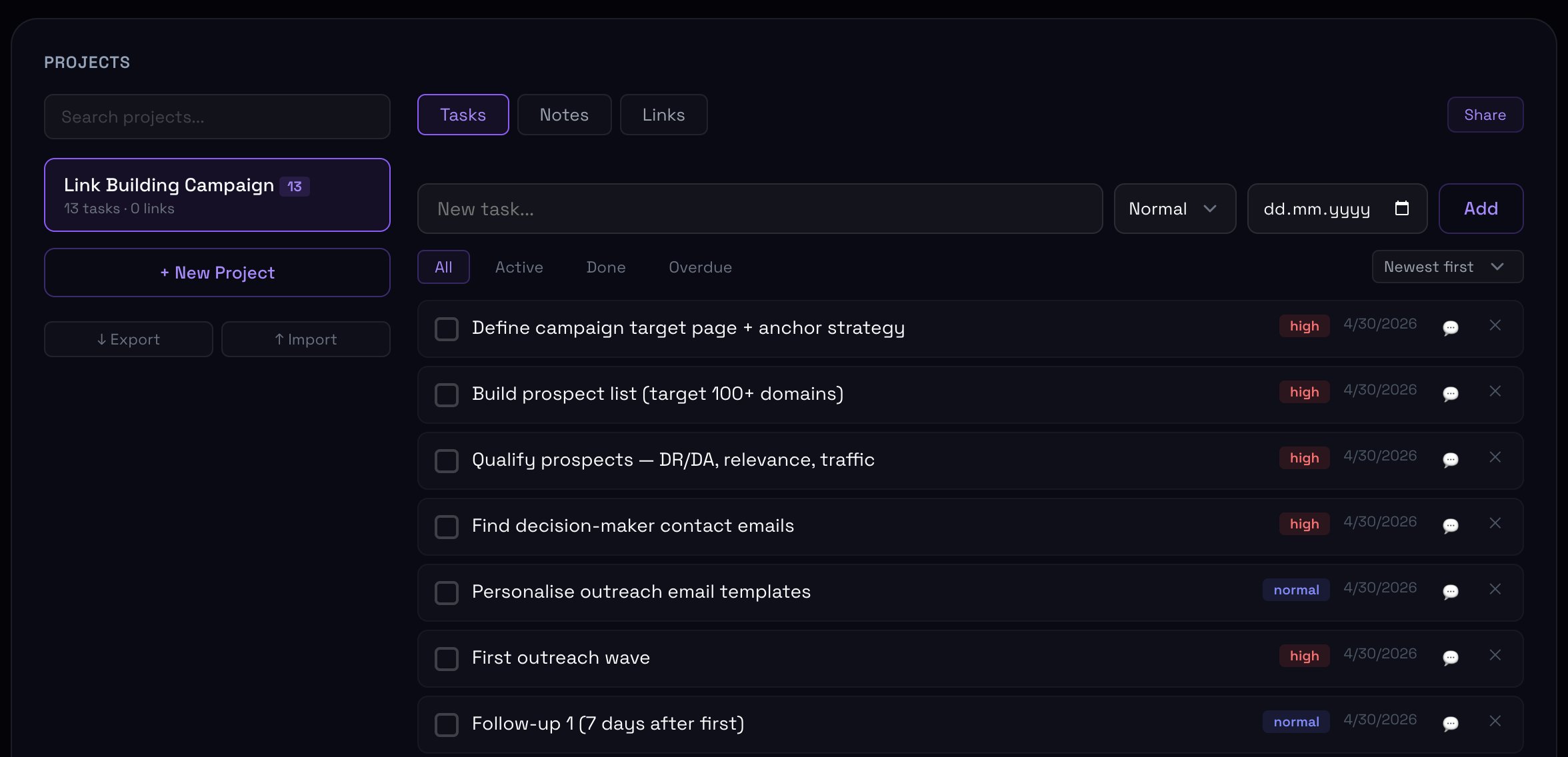 Notes & Tasks — per-project task manager for SEO workflows